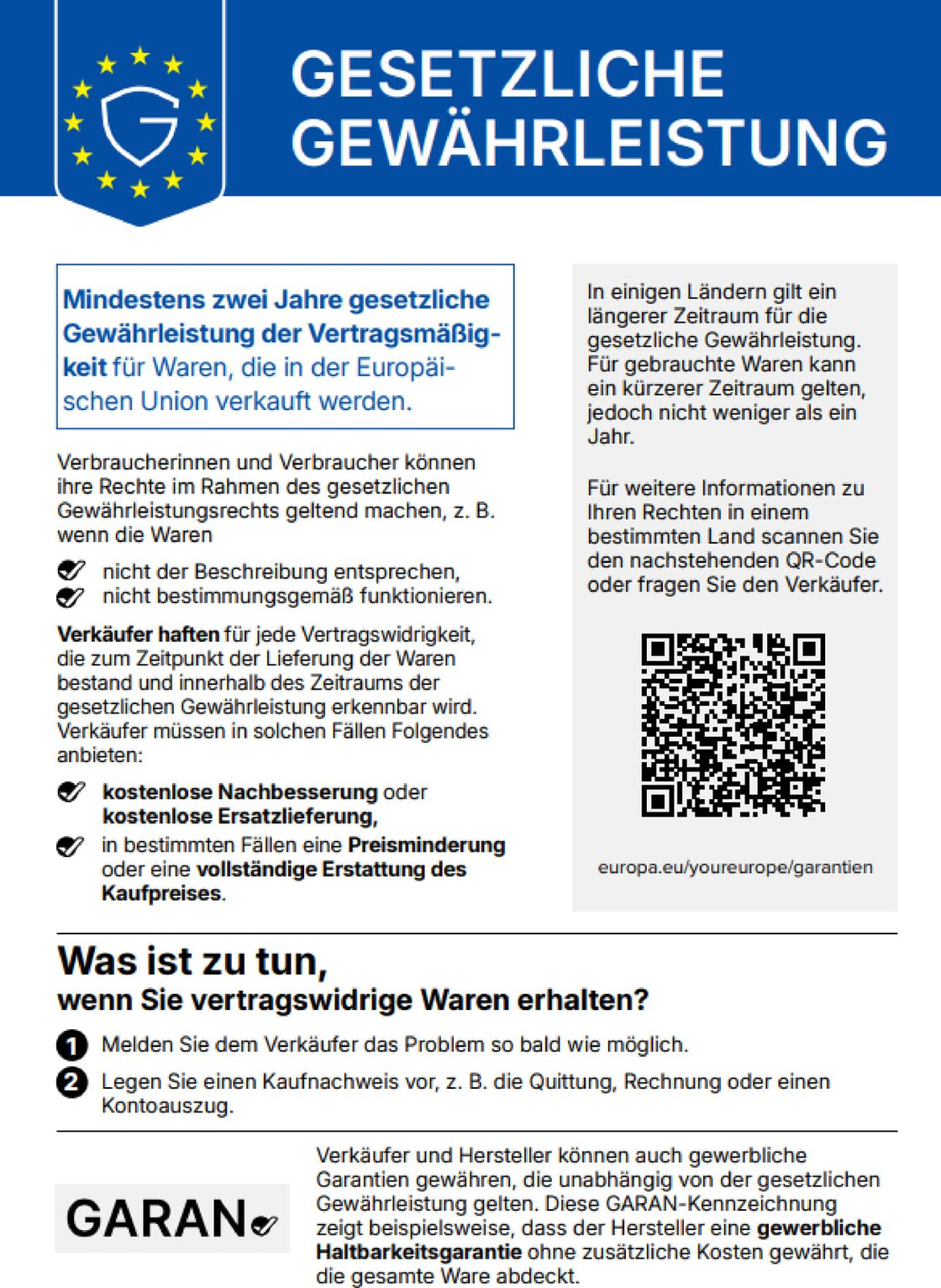 Harmonisierte Mitteilung über das gesetzliche Gewährleistungsrecht — mindestens zwei Jahre