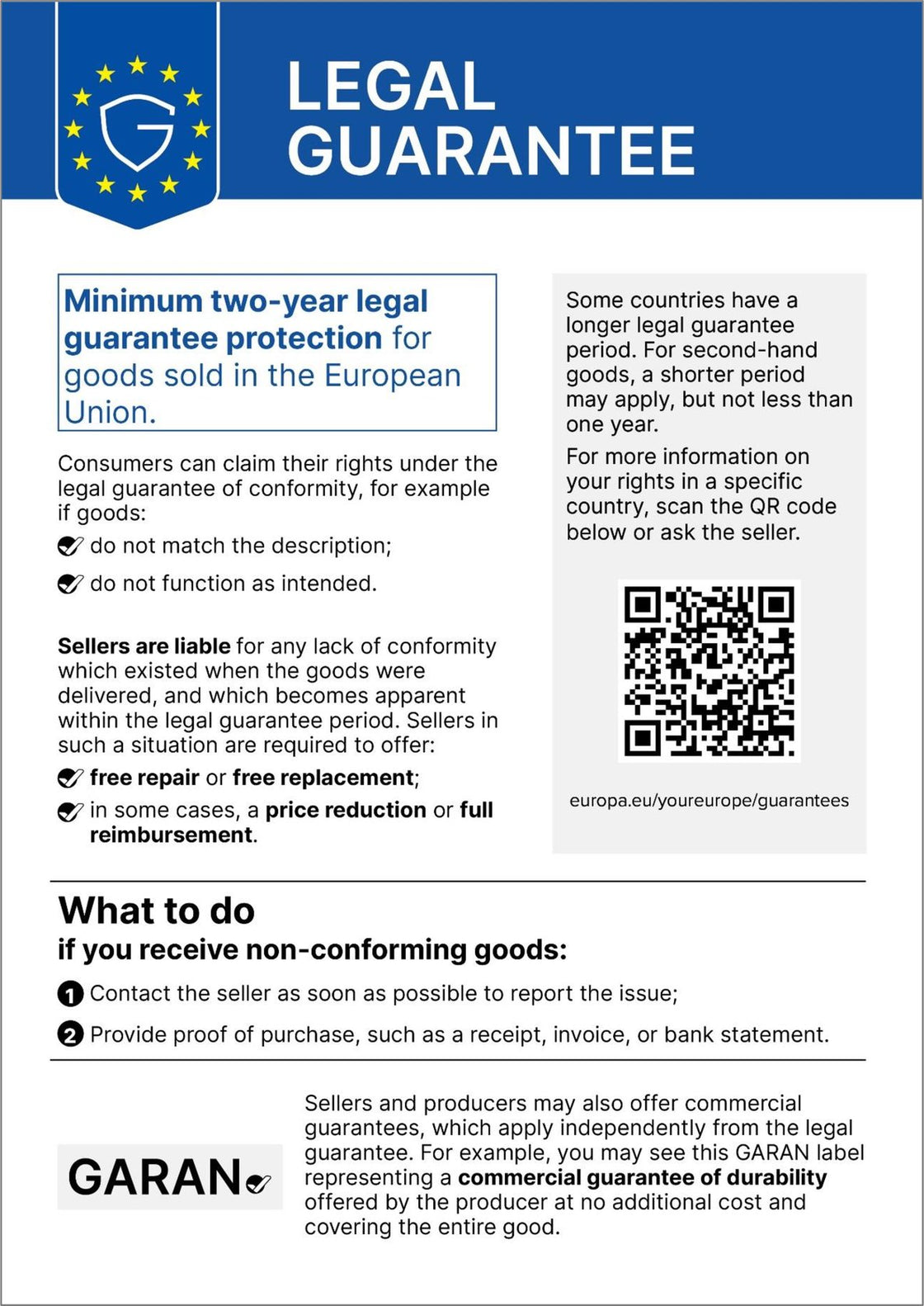 Harmonised notice on the legal guarantee of conformity — minimum two years